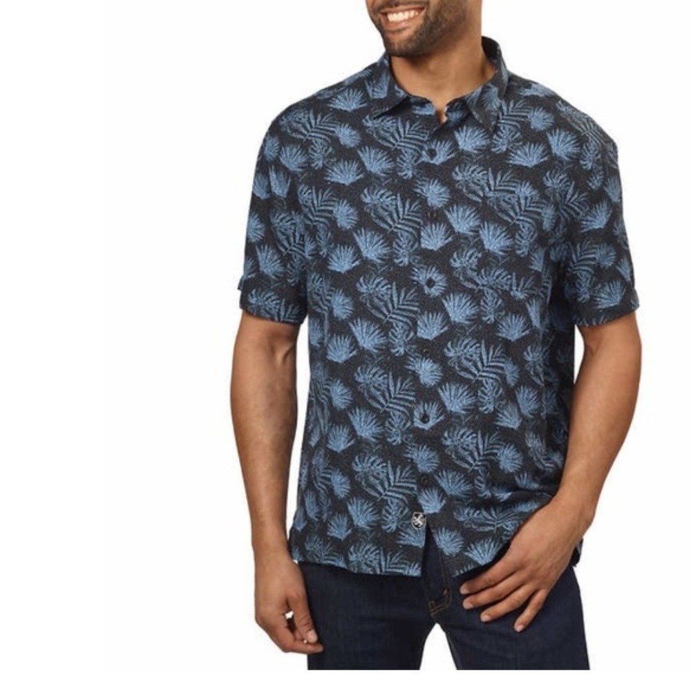 Nat Nast Silk Cotton Blue Palm Print Short Sleeve Button Down Shirt Mens XL NWT
